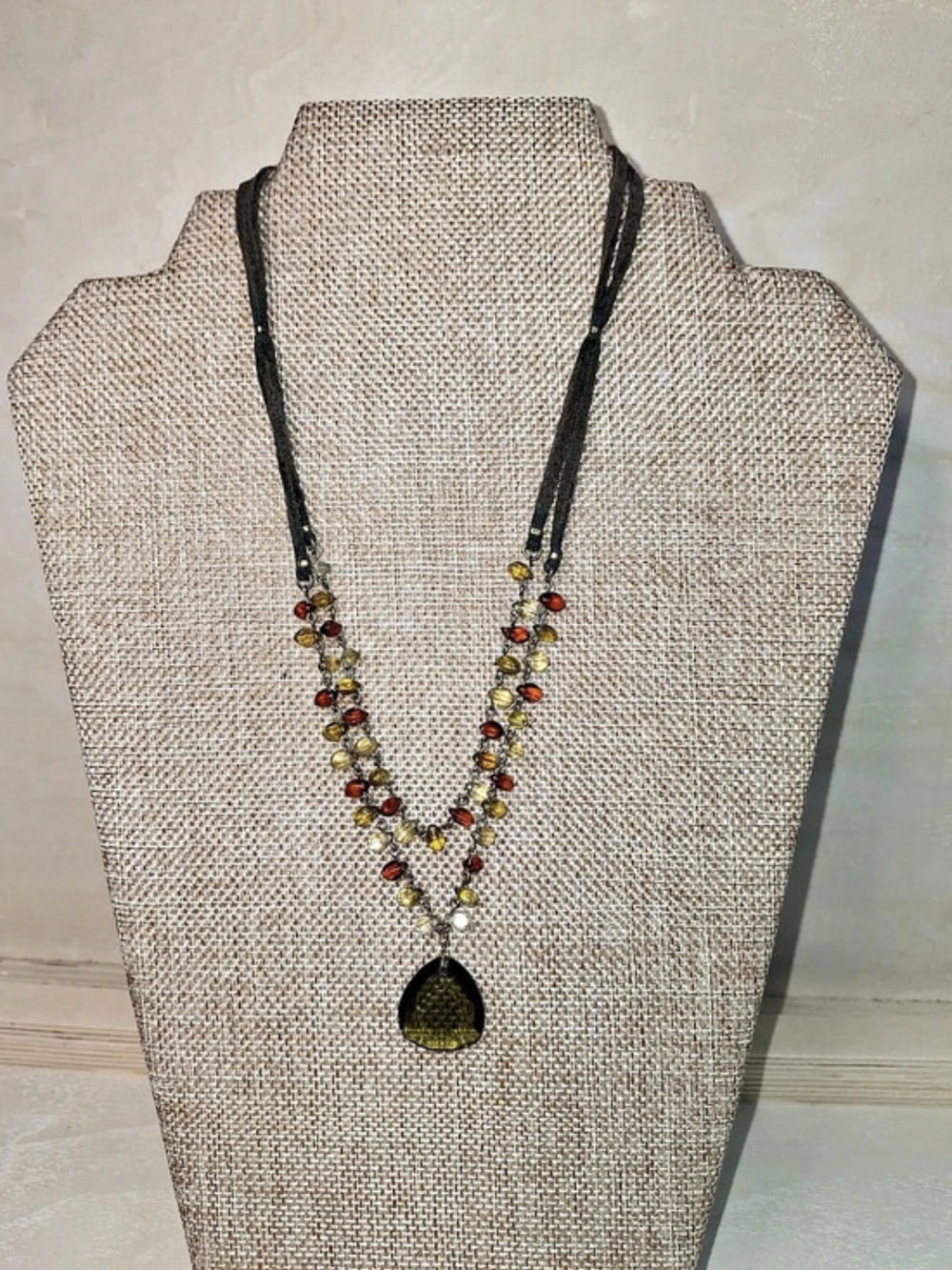Vintage Monet Beaded Pendant Necklace With Leather Cord